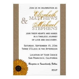 Rustic Country Burlap Look Sunflower Wedding Personalized Invitations