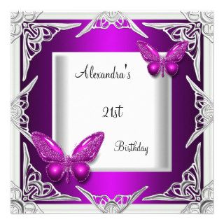 21st Birthday Purple Butterfly Silver White Invite