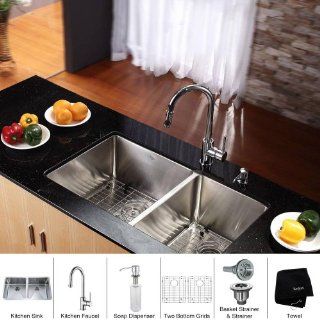 Kraus KHU102 33 KPF1622 KSD30CH 32 3/4" Undermount 50/50 Double Bowl 16 Gauge Stainless Steel Kitchen Sink with, Stainless Steel / Chrome    