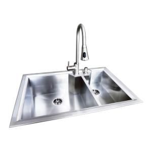 Glacier Bay Dual Mount Stainless Steel 33x22x9 2 Hole Double Bowl Fabricated Offset Kitchen Sink with Faucet QK008
