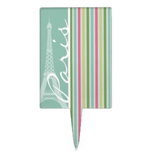 Paris; Mint Green & Pink Stripes Cake Toppers