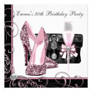 Womans Pink and Black Birthday Party Announcements