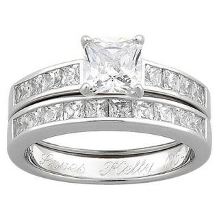 Sterling Silver Cubic Zirconia 2 piece Square Engraved Wedding Ring Set   6