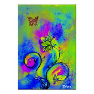 WHIMSICAL FLOWERS & BUTTERFLIES  blue green yellow Poster
