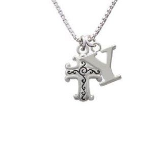 Silver Scroll Cross with Antiqued Decoration Initial A Charm Necklace Pendant Necklaces Jewelry