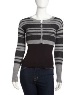 Striped Cropped Cashmere Cardigan, Granite/Charcoal