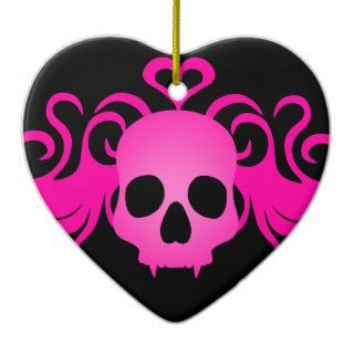 Girly pink goth fanged vampire skull on black christmas tree ornament