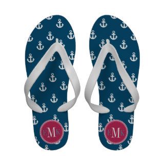 Nautical Blue White Ship Anchors Dk Pink Monogram Sandals