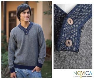 Men's Alpaca Wool 'Grey Day' V neck Sweater (Peru) Novica Men's Clothing