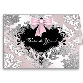 Pink and Black Damask Thank You Cards