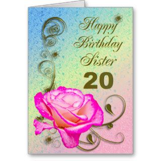 Elegant rose 20th birthday card for Sister
