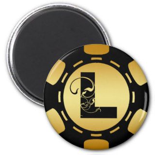 BLACK AND GOLD MONOGRAM LETTER L POKER CHIP FRIDGE MAGNETS