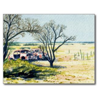 Postcard   Old Car Wrecks Country Scene