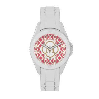 Monogramed Hot Pink and Gold Quatrefoil Moroccan Wrist Watch