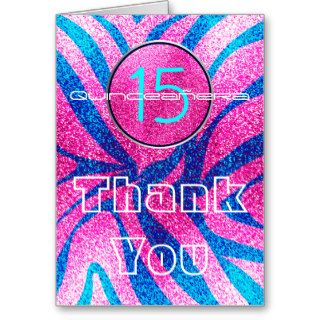 Hot Pink and Blue Glitter Look Zebra Quinceañera Greeting Cards