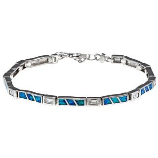 La Preciosa Silver Created Blue Opal and CZ Link Bracelet La Preciosa Gemstone Bracelets