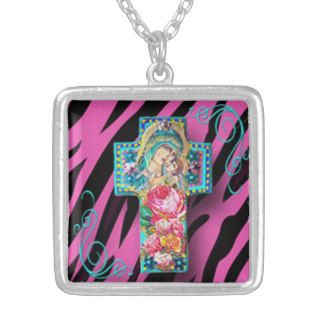 Hot Pink Zebra Print Madonna & Child Cross pendant