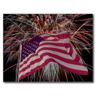 American Flag and Fireworks Postcard