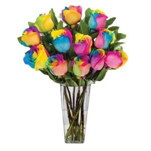 The Ultimate Bouquet Gorgeous Rainbow Rose Bouquet in Clear Vase (12 Stem), Overnight Shipping Included RB348
