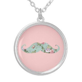 Funny Girly Vintage Red Pink Floral Mustache Personalized Necklace