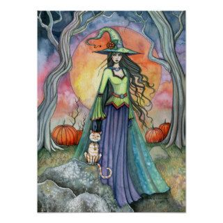 Autumn Halloween Witch Cat Art Poster Print