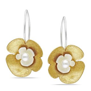 Two tone Silver Freshwater White Pearl Flower Earrings (4 5 mm) Pearl Earrings