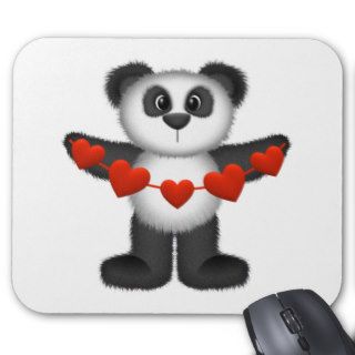 Valentine Panda Bear Holding String of Red Hearts Mousepads
