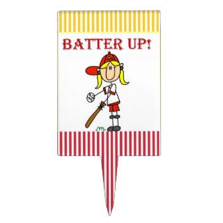 Red Text Batter Up Girls Softball Shirts and Gifts Rectangle Cake Picks
