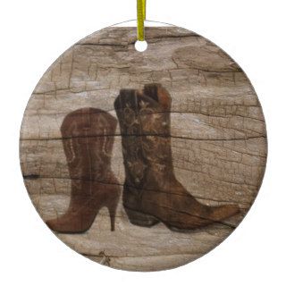 Rustic barnwood cowboy boots western country christmas tree ornaments