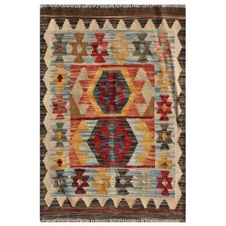 Afghan Hand knotted Mimana Kilim Ivory/ Light Blue Wool Rug (2'1 x 3'1) Accent Rugs