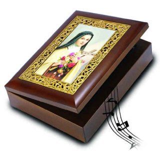 St Therese Music Box Woodtone Velvet Lined Music Box, Plays Shubert's "Ava Maria" Italian Art, (Comes Gift Boxed) Overall Size 6" X 8" 