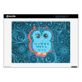 Cute Aqua Teal Owl, Retro Floral Background Decal For Acer Chromebook