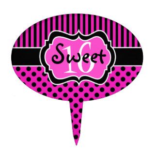 Pink, Black Stripes, Polka Dots Sweet 16 Cake Pick