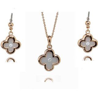 Rose Gold Love Clover Necklace and Earrings Set (White)   10th17 Jewelry