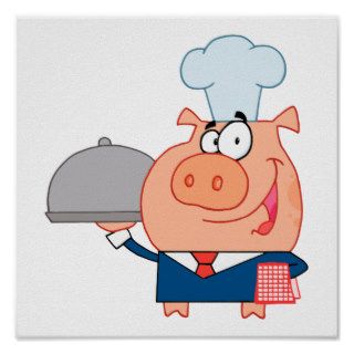 funny piggy pig waiter wearing chefs hat print