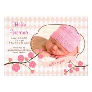 Modern Cherry Flower Baby Girl Pink Photo Birth Custom Invites