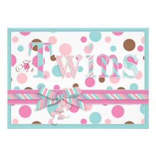 TWIN GIRLS Pink Aqua Brown Dots Baby Shower Custom Invitations