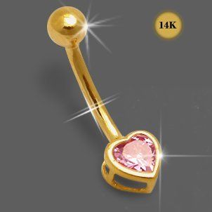 14K Solid Yellow Gold 4mm Pink Heart CZ Stone Belly Ring   14Gx3/8 (1.6x10MM) Banana with 4MM Ball Body Piercing Rings Jewelry