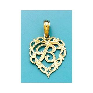 14k Yellow Gold Charm Pendant, Letter B Script Initial In Heart Million Charms Jewelry
