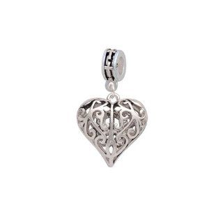 Large Open Filigree Heart European Silver Cross Charm Dangle Bead Delight Jewelry Jewelry