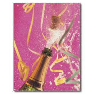 Cork popping on champagne during celebration post card