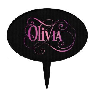 Personalized Swirly Script Olivia Pink on Black Cake Toppers