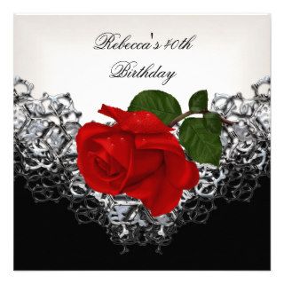 RED Rose 40th Birthday Lace Black White Silver Personalized Invitation