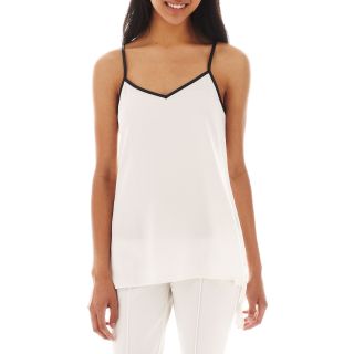 Faux Leather Trimmed Tank Top, White, Womens