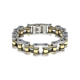 Mens Stainless Steel with Black & Gold Tone IP Motorcycle Bracelet