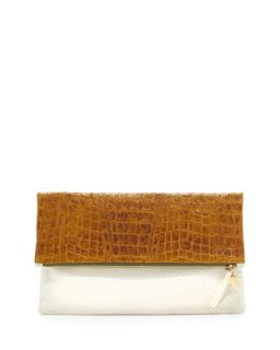 Croc Embossed & Woven Leather Fold Over Clutch Bag, Yellow/Cream   Clare V.