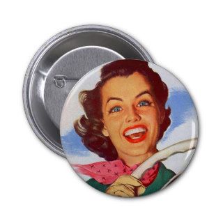 Vintage Retro Women Woman Driver Behind the Wheel Pinback Buttons