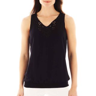A.N.A Smocked Bottom Embroidered Cut Out Tank Top, Black, Womens