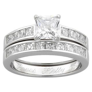 Sterling Silver Cubic Zirconia 2 piece Square Engraved Wedding Ring Set   9