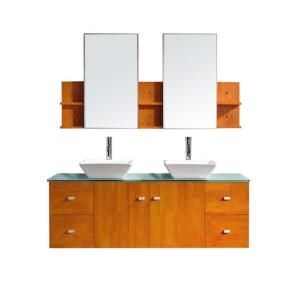 Virtu USA Clarissa 61 in. Double Basin Vanity in Honey Oak with Glass Vanity Top and Mirror Cabinets in Aqua with Wall Shelves MD 457 G HO